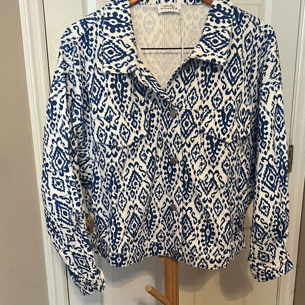 Blue and White Patterned Jean Jacket